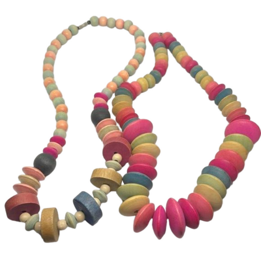 Bundle lot 2 vintage colorful wooden beads necklaces